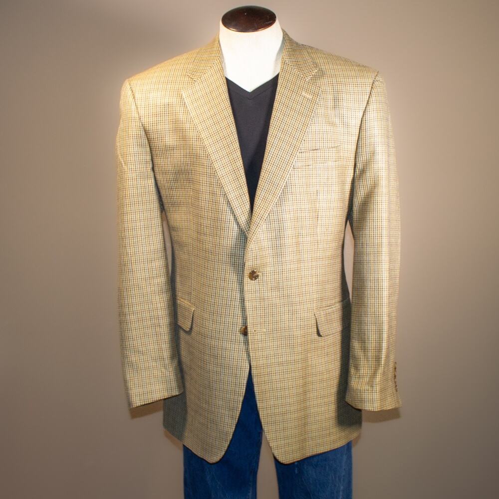 CHAPS Sport Coat Men 46L 100% Silk Tan Houndstooth Blazer